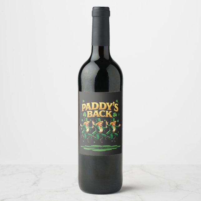 Paddy's Back Funny Trump St Patrick Day Leopard  Wine Label (Front)