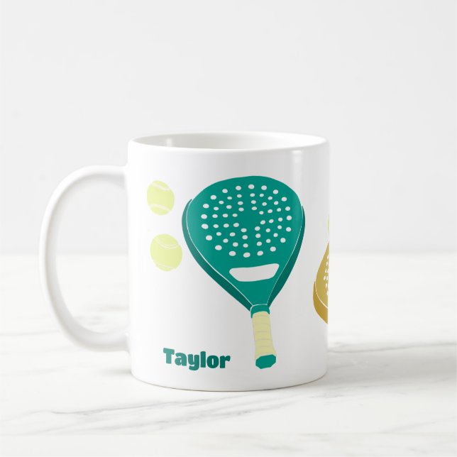 Padel Tennis Rackets and Balls Personalised Coffee Mug (Left)