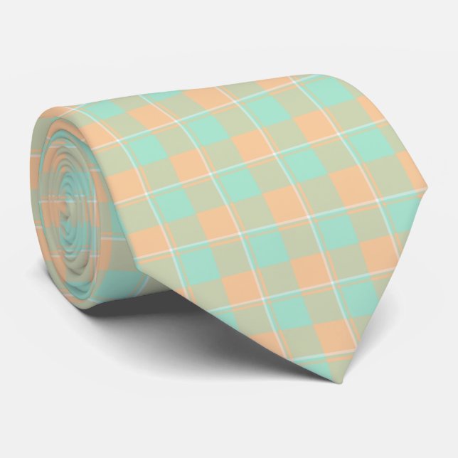 Padua Green and Corvette Peach Plaid Neck Tie (Rolled)