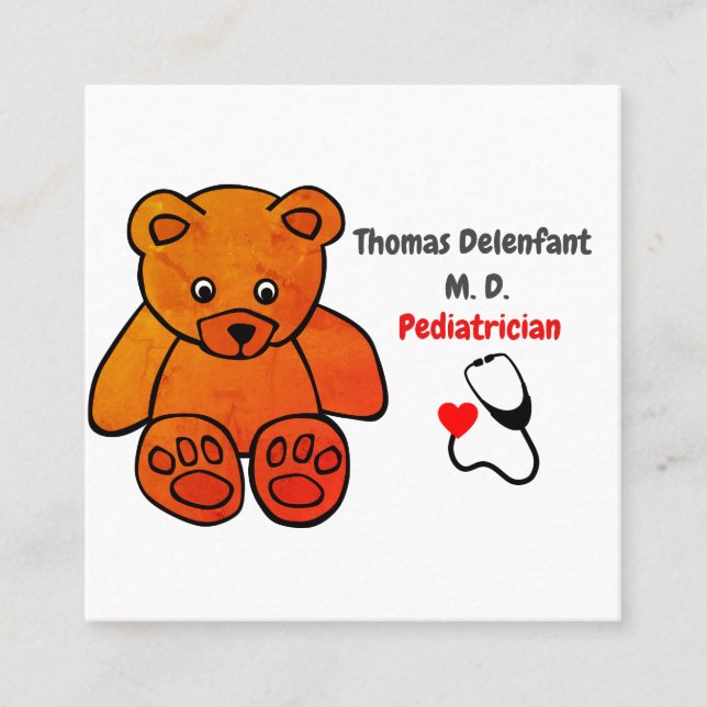 Paediatrician -  orange teddy  - stethoscope square business card (Front)