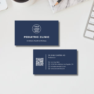 Paediatrician Paediatrics Clinic Logo QR Navy Blue Business Card