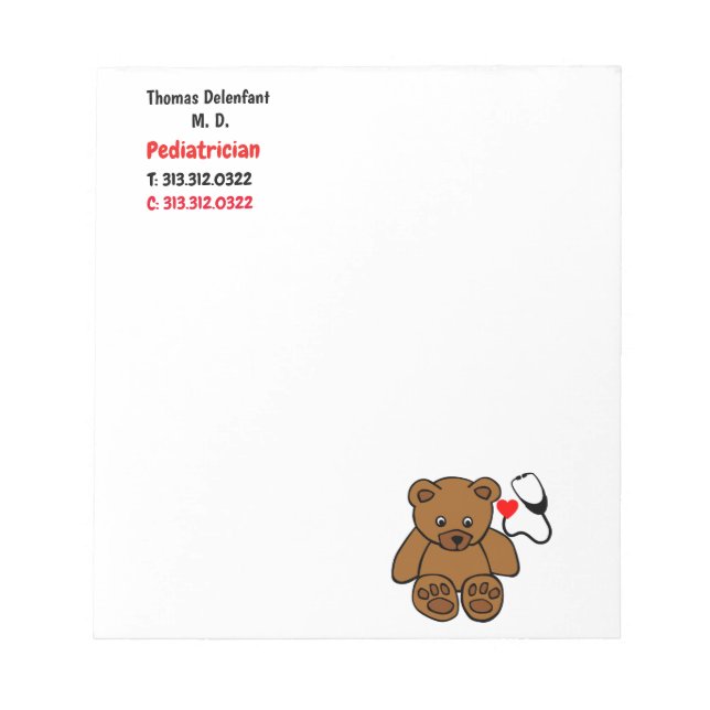 Paediatrician - teddy  and heart stethoscope notepad (Front)