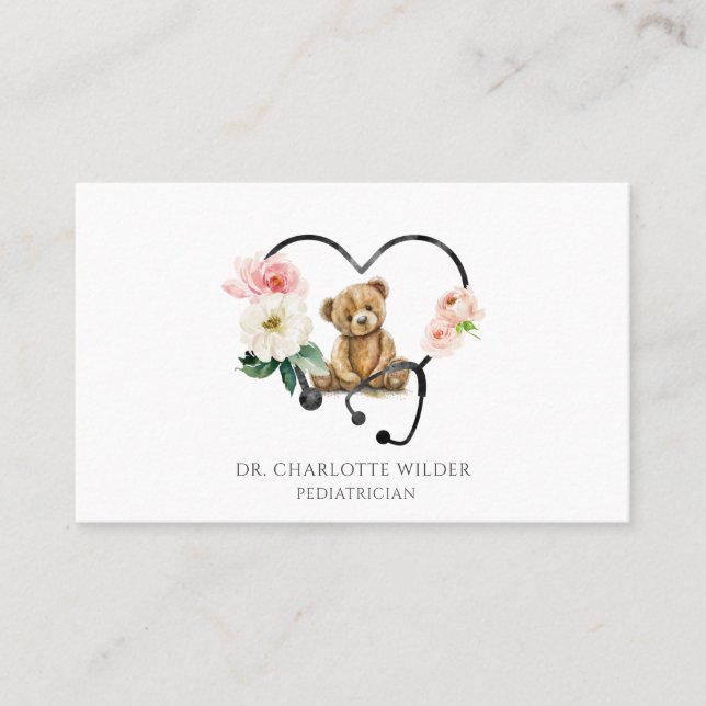 Paediatrician Teddy Bear Floral Stethoscope Business Card (Front)