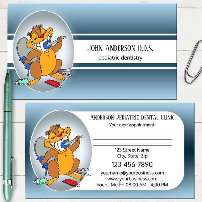 Paediatrics Dentist Appointment Business Card (Pediatric dentist business card featuring an image of a cute animal happily brushing it's teeth)
