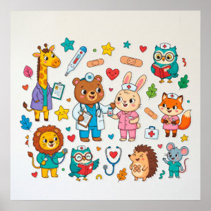 Paediatrics Wall Decals Cute Animals Doctor Nurse Poster