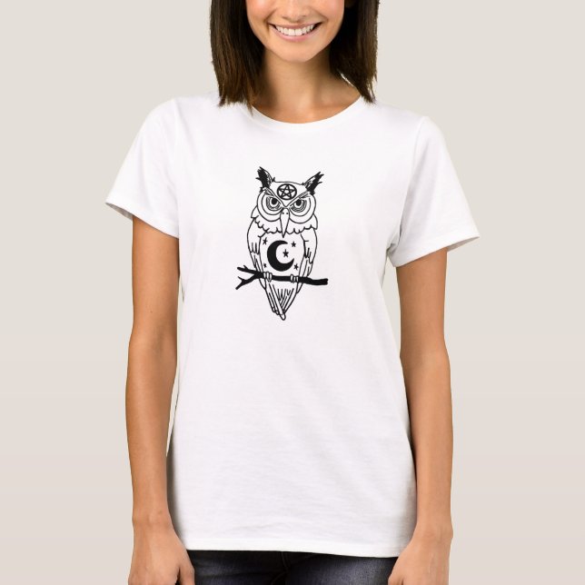 Pagan Owl with Pentacle and Moon T-Shirt (Front)