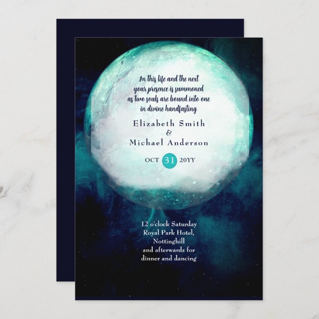 Pagan Wiccan Teal Moon Gothic Handfasting Invite (Front/Back)
