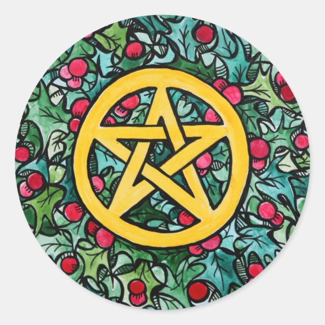 Pagan Yule Pentagram Classic Round Sticker (Front)