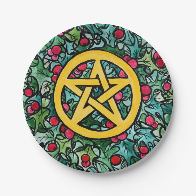 Pagan Yule Pentagram Paper Plate (Front)
