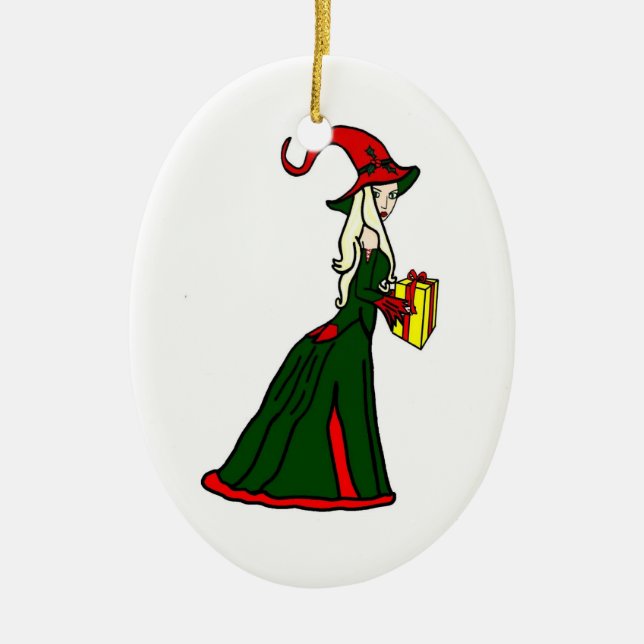Pagan Yule Witch Ceramic Tree Decoration (Front)