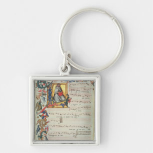 Page of musical notation with a historiated key ring