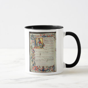 Page of musical notation with a historiated mug