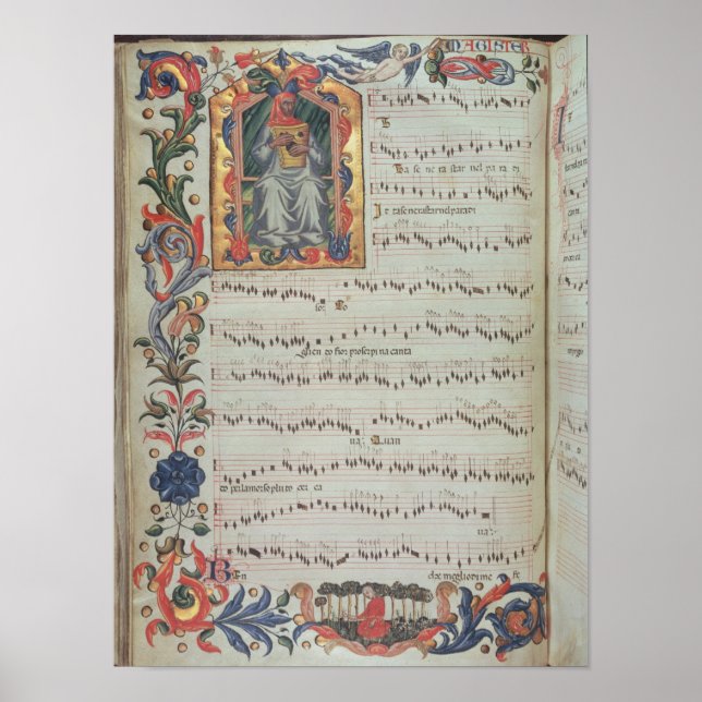 Page of musical notation with historiated poster (Front)
