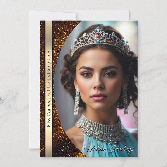 Pageant Autograph Card Gold Sash Luxury Glitter  (Front)