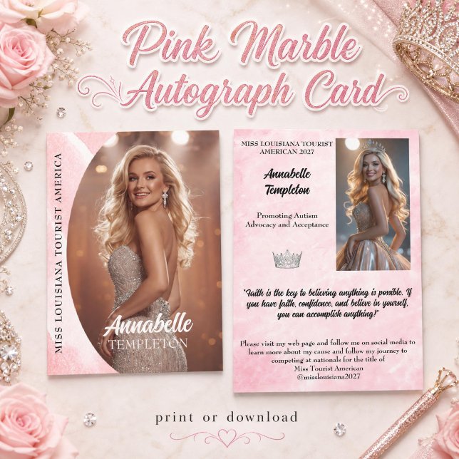 Pageant Autograph Card Pink Ice Pageant Platform (Pink marble surrounds your images and text in this beautifully designed pageant autograph card)
