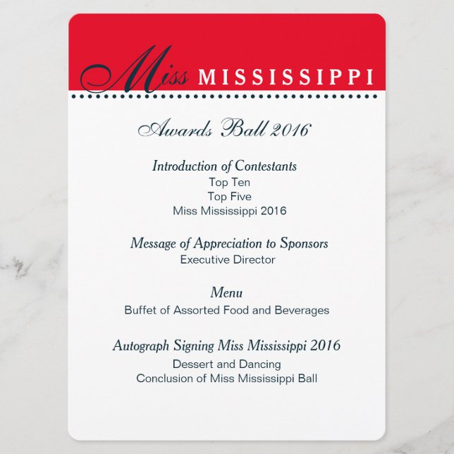 Pageant Awards Ball Program-Red,White & Blue Menu (Front)