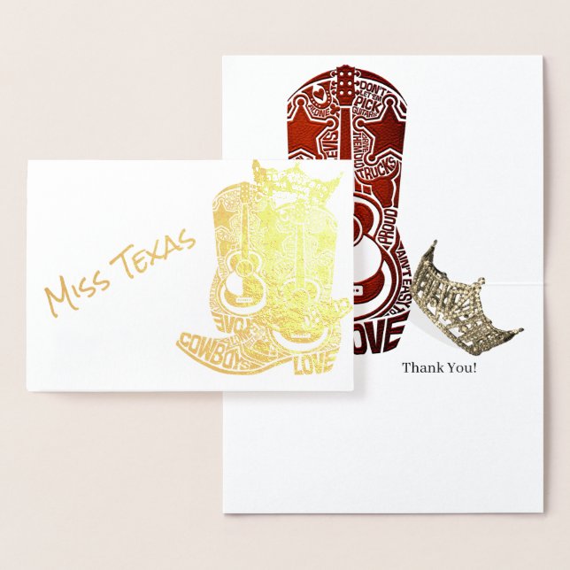 Pageant Crown Cowboy Boot Gold Thank You Foil Card (Display)