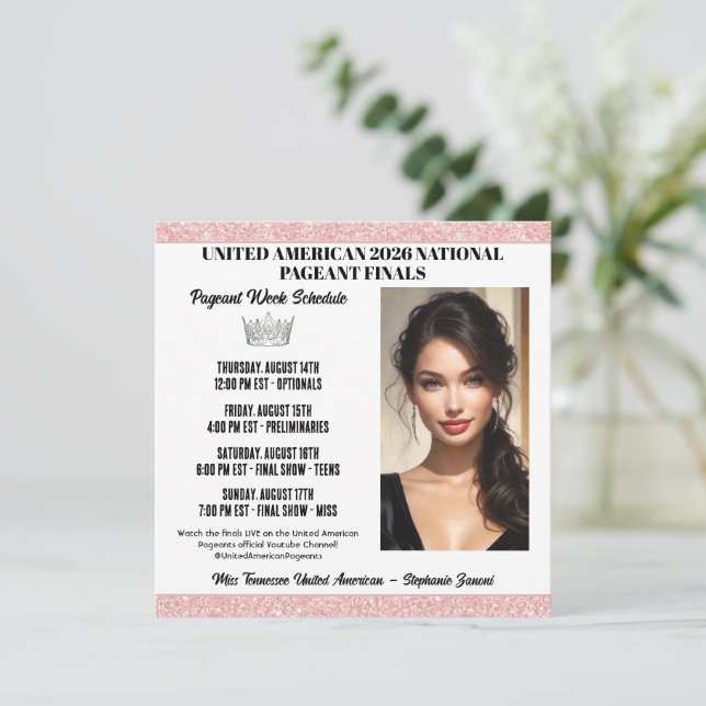 Pageant Schedule Invitation - Rose Gold Glitz (Standing Front)
