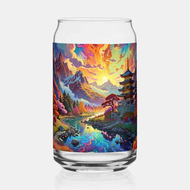 Pagoda and Coloured Landscape Beer Can Can Glass (Front)