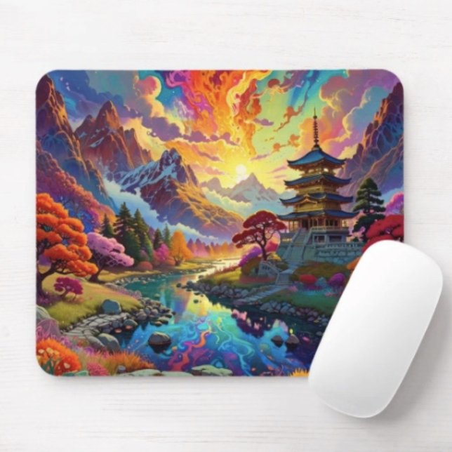 Pagoda and Coloured Landscape  Mouse Pad (Vibrant Pagoda  Fantasy Landscape mouse pad durable dust and stain resistant.. Non-slip rubber.)