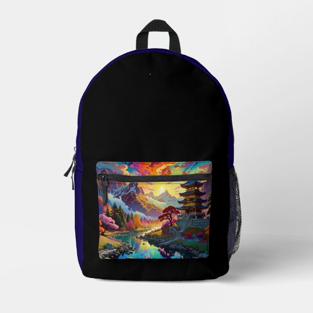 Pagoda and Coloured Landscape  Printed Backpack (Front)