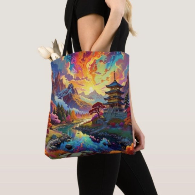 Pagoda and Coloured Landscape Tote Bag ( Pagoda Tote Bag — 100% polyester, black laminated lining 100% cotton web hand. Made in the USA.
)