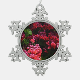Pagoda Flowers Colourful Red and Pink Snowflake Pewter Christmas Ornament