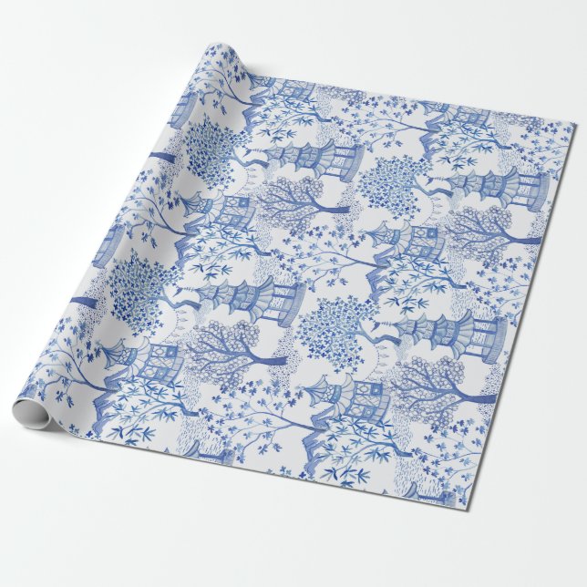 Pagoda Forest in Blue on White Wrapping Paper (Unrolled)