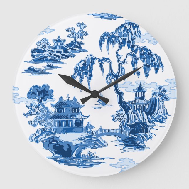 Pagoda Garden in Blue Porcelain Large Clock (Front)