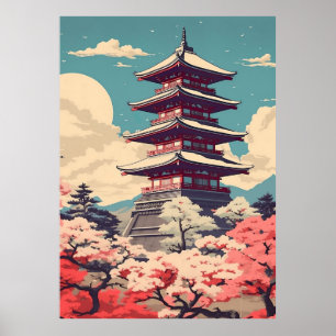 Pagoda Painting, Cherry Tree Painting, Vintage Art Poster