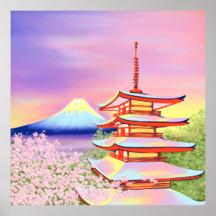 Pagoda Shrine with Mt. Fuji and Sakura in Japan Poster
