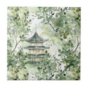 Pagoda Woodland Sage Olive Watercolor Ceramic Tile