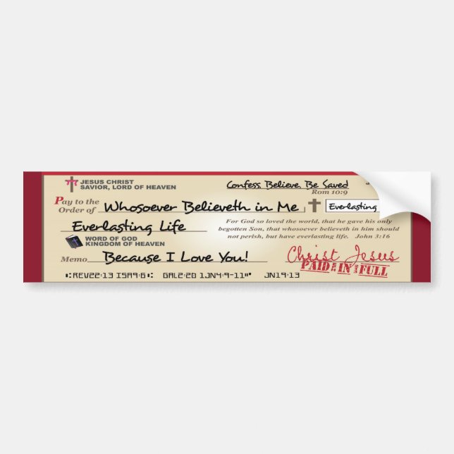 Paid in Full Saved by Jesus Check Christian Bumper Sticker (Front)