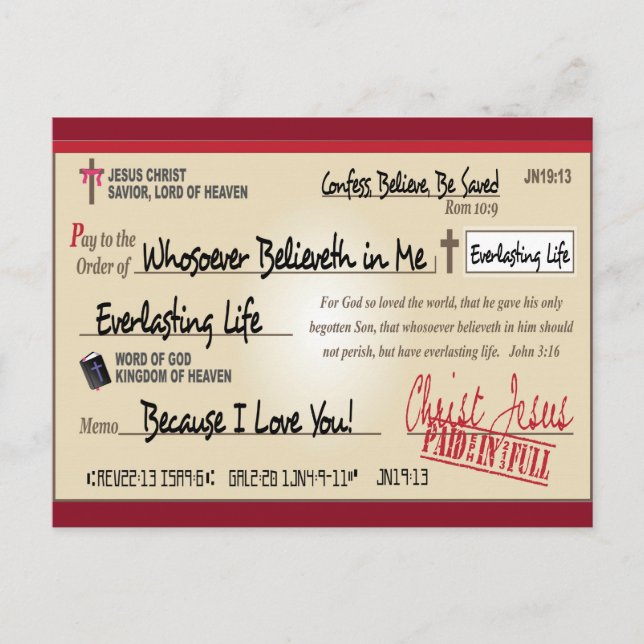 Paid in Full Saved by Jesus Check Christian Postcard (Front)