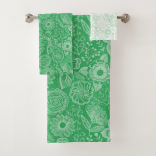 Pail green on green floral pattern bath towel set
