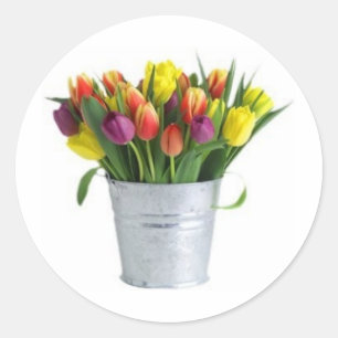 pail of tulips classic round sticker
