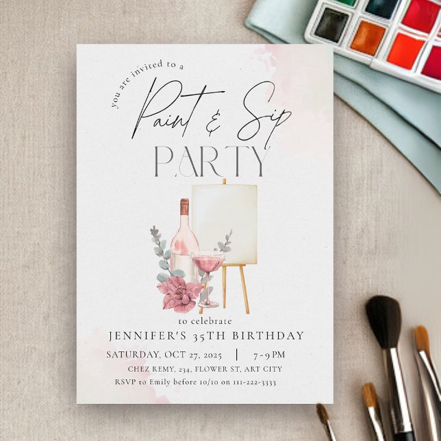 Paint and Sip Adult Wine Art Birthday Party  Invitation (Paint and Sip Adult Wine Art Birthday Party Invitation)
