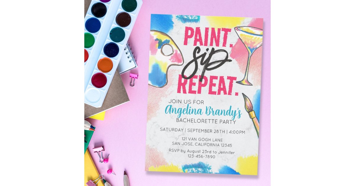 Paint and Sip Bachelorette Wine Party Marble Invitation | Zazzle