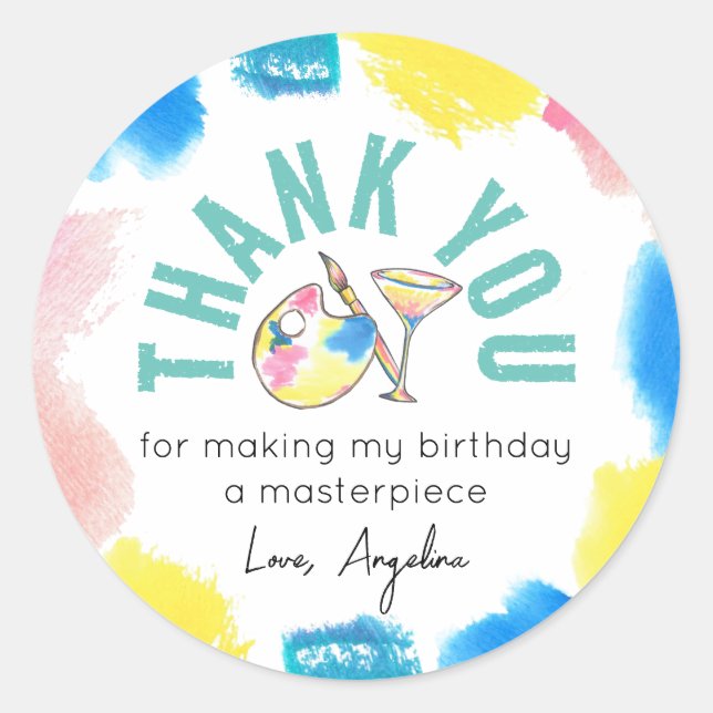 Paint and Sip Birthday Wine Party Favour Thank You Classic Round Sticker (Front)