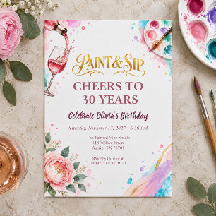 Paint and Sip Watercolor Floral 30th Birthday Invitation
