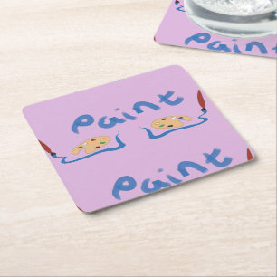 Paint brush and palette on purple square paper coaster
