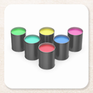 Paint cans with different colours square paper coaster