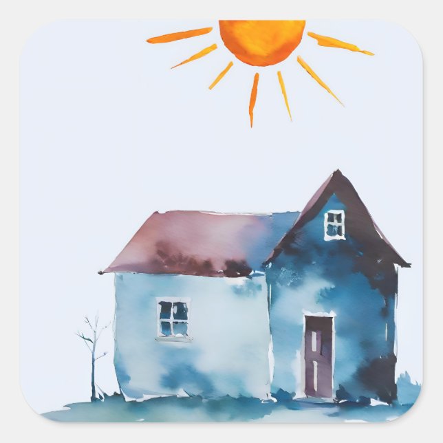 Paint Drawing, House And Sun Made By Child Square Sticker (Front)