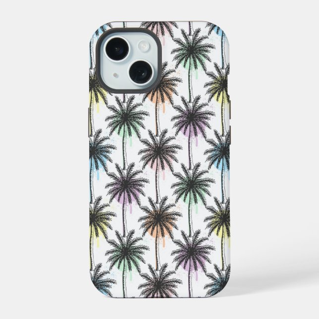 Paint Drop Palm Tree Pattern iPhone 15 Case (Back)