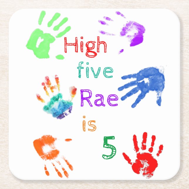 Paint Handprints Birthday with Personalised Name   Square Paper Coaster (Front)