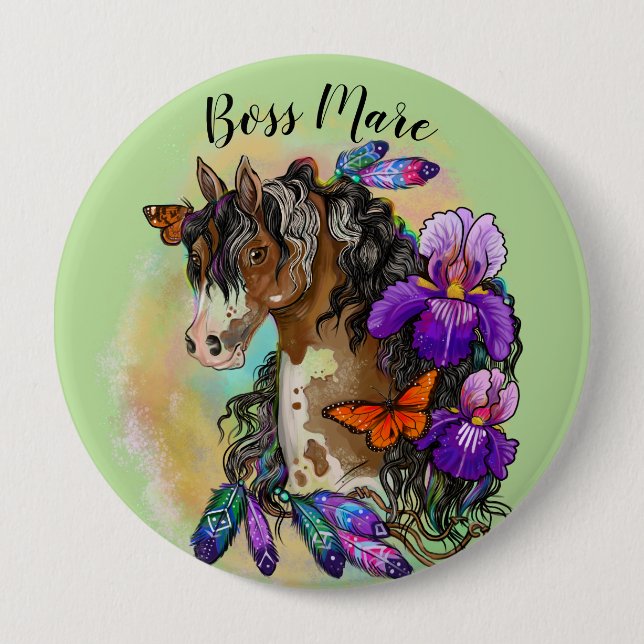Paint Horse Mustang with Iris and butterflies 10 Cm Round Badge (Front)