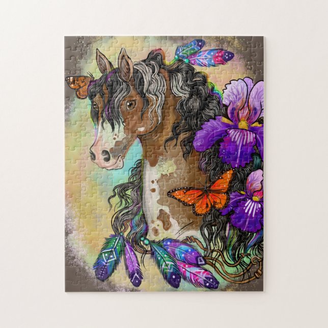 Paint Horse Mustang with Iris and butterflies Jigsaw Puzzle (Vertical)