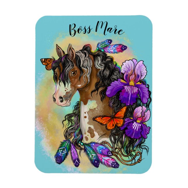 Paint Horse Mustang with Iris and butterflies Magnet (Vertical)