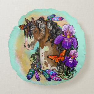 Paint Horse Mustang with Iris and butterflies Round Cushion