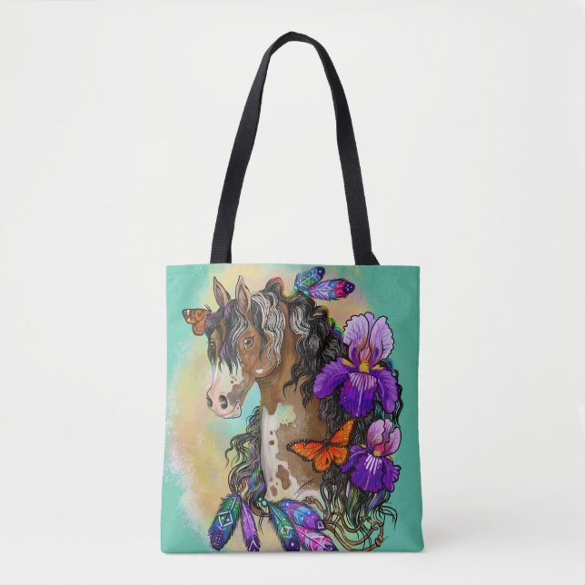 Paint Horse Mustang with Iris and butterflies Tote Bag (Front)